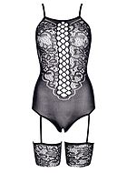 Elegant bodystocking, open crotch, floral lace, built-in stockings